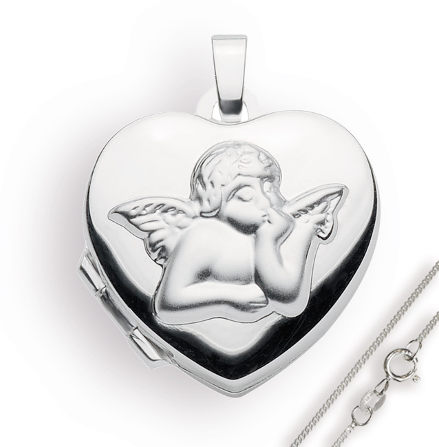 Medaillon Engel 925 Silber Herz zum öffnen für Bildereinlage/ 2 Fotos Amulett mit Kette
